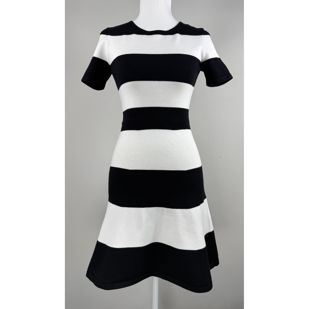 BCBG Striped Fit & Flare Dress Womens XS Black White Knit Preppy Parisian Mod